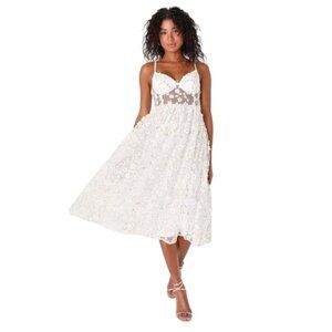 NEW Lulus Darling Romance White Tulle Floral Applique Bustier Midi Dress Size XL